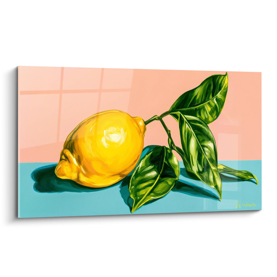 Tableau Citron jaune et rose posé sur table turquoise - Ombre portée nette - Edition Citron