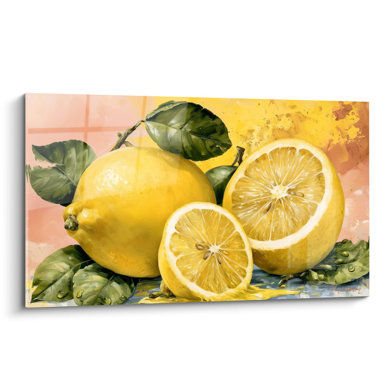 Tableau Citrons jaunes et rose pêche pépins visibles - Gouttes d'eau sur feuillage - Edition Citron
