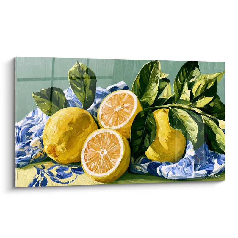 Tableau Citrons jaunes et bleus sur linge fleuri - Feuillage vert émeraude - Edition Citron