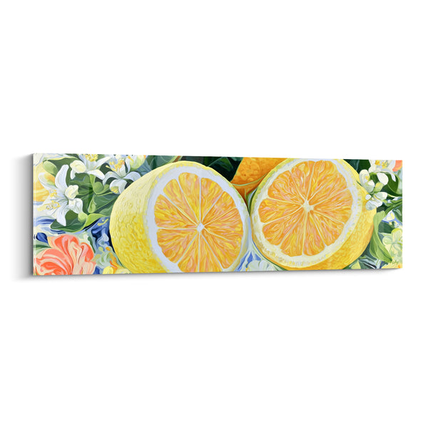 Lemon Painting Yellow and Orange Sliced Close-up - White Orange Blossom Flowers - Lemon Edition