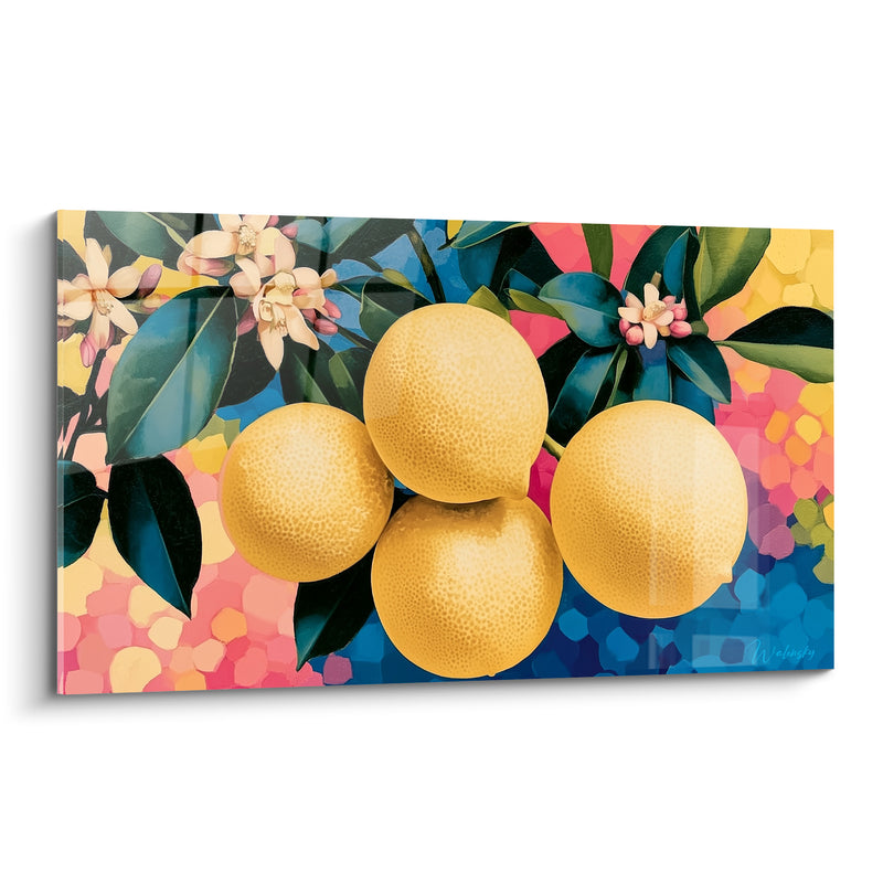 Tableau Citrons jaunes et rose vif sur fond mosaïque - Fleurs blanches en bouton - Edition Citron