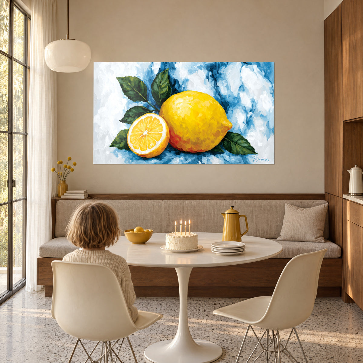 Gemälde eines Stillllebens mit einer goldgelben Zitrone und ihrer weiß-orangen Hälfte, blauer und weißer Hintergrund, an der Wand eines Esszimmers