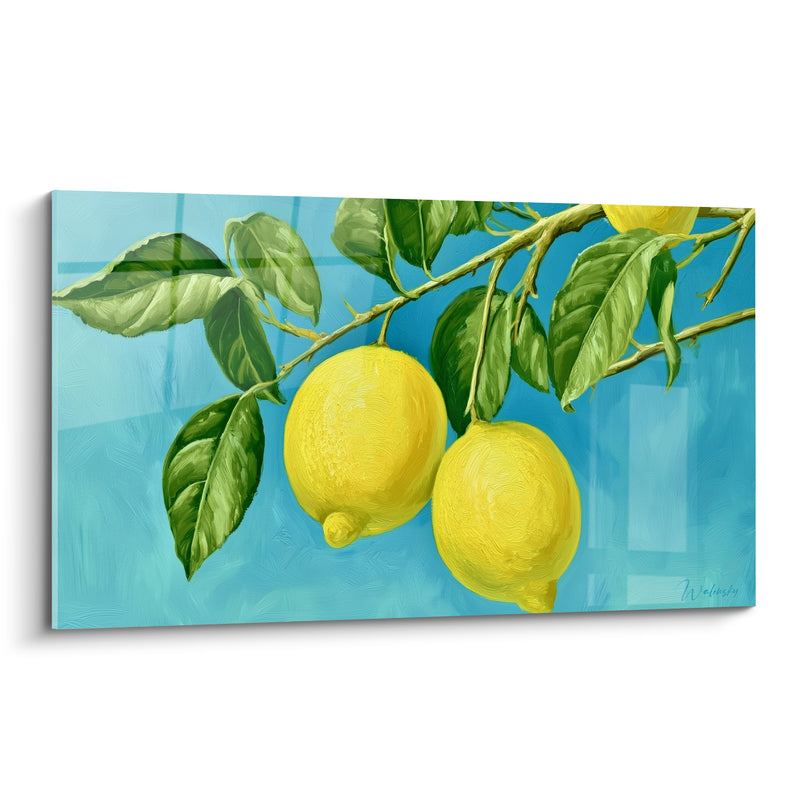 Tableau Branche jaune et turquoise à deux fruits pendants - Trio de feuilles pointues - Edition Citron