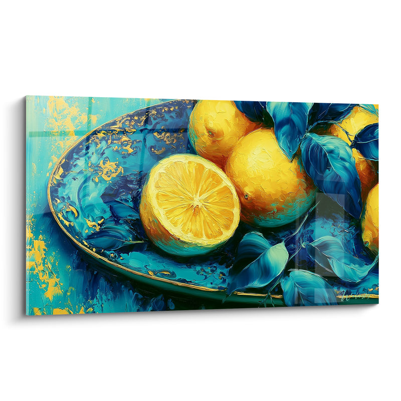 Tableau Assiette ovale jaune et bleu aux motifs dorés - Demi-fruit tranché en gros plan - Edition Citron