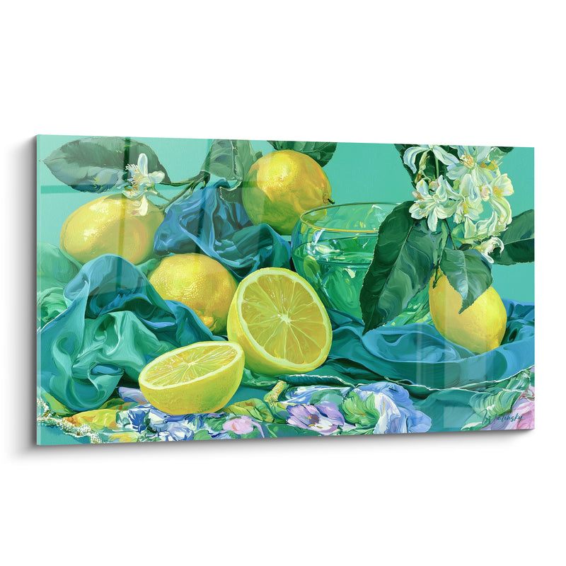 Tableau Citrons jaunes et verts sur tissu de soie - Coupelle en verre et fleurs blanches - Edition Citron