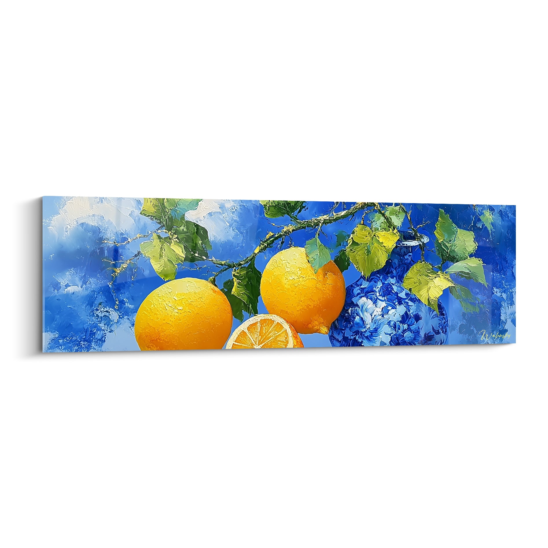 Citrons jaune vif et vase bleu céramique peints en touches épaisses sur fond bleu azur