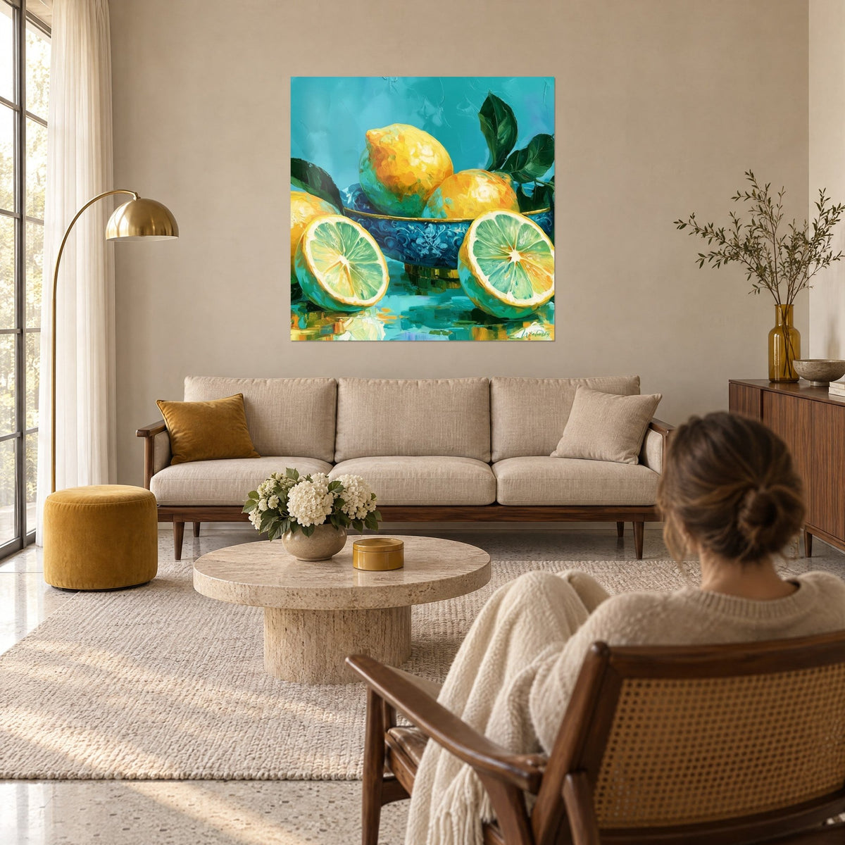 Cuadro limones dorados y mitades de cítrico verde suave en un cuenco azul ornamentado, fondo turquesa, encima de un sofá en un salón luminoso
