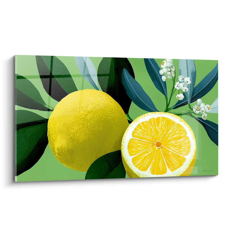 Tableau Citron jaune et vert tranché aux fleurs blanches - Petites fleurs en grappe - Edition Citron