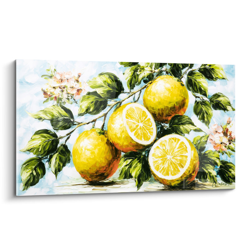 Tableau Citrons jaunes et verts sur branche fleurie - Fleurs roses en bouton - Edition Citron