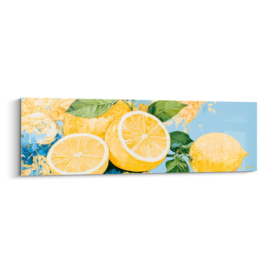 Citrons jaunes coupés et entiers sur fond bleu pastel, feuilles vertes, peinture texturée au couteau