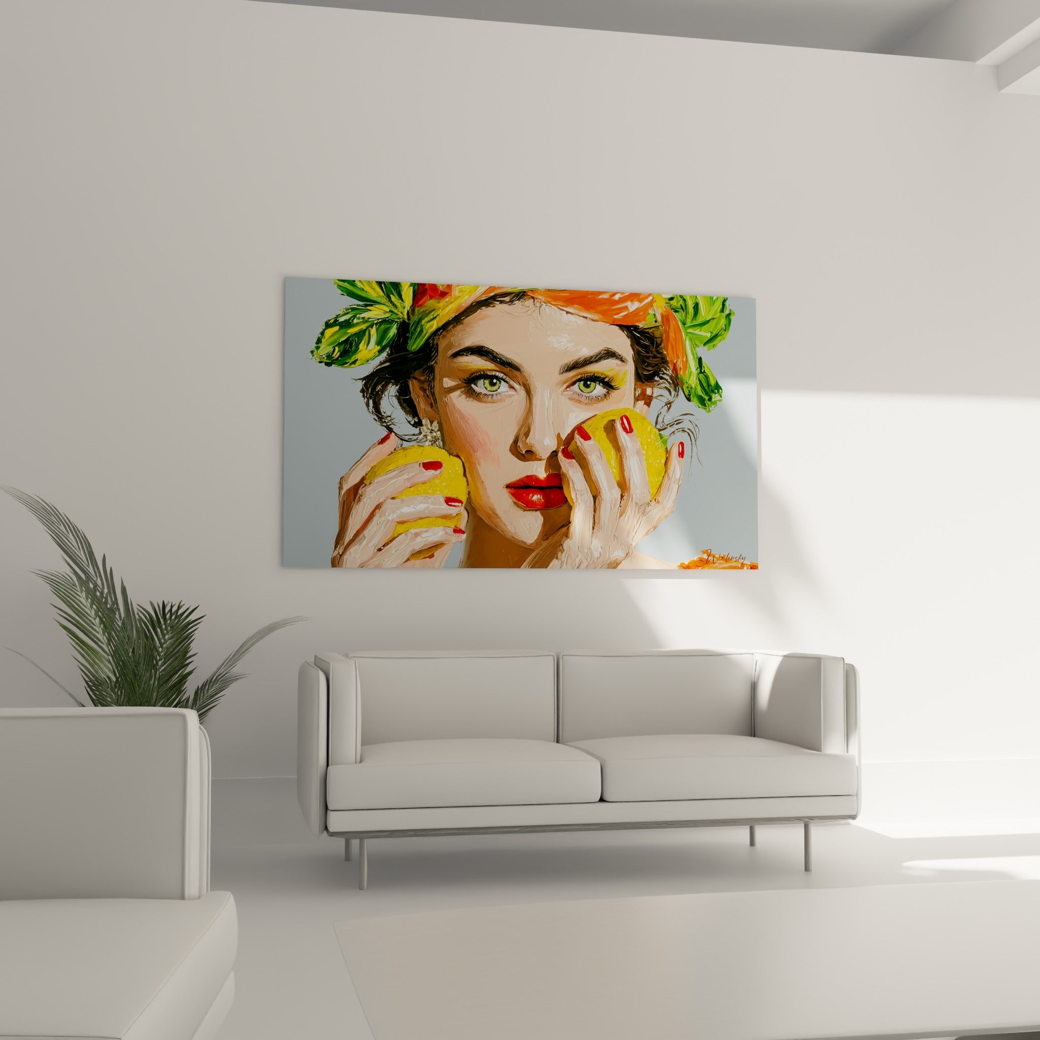 Visage aux lèvres rouge carmin entouré de citrons jaunes, au-dessus d'un canapé dans un salon lumineux