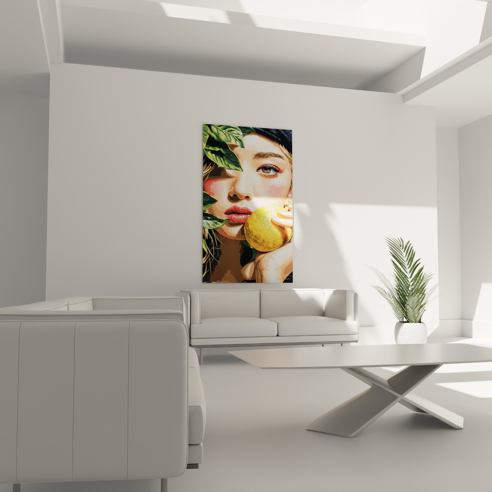 Visage aux lèvres rouges et citron jaune vif, tableau suspendu au-dessus d'un canapé dans un salon lumineux