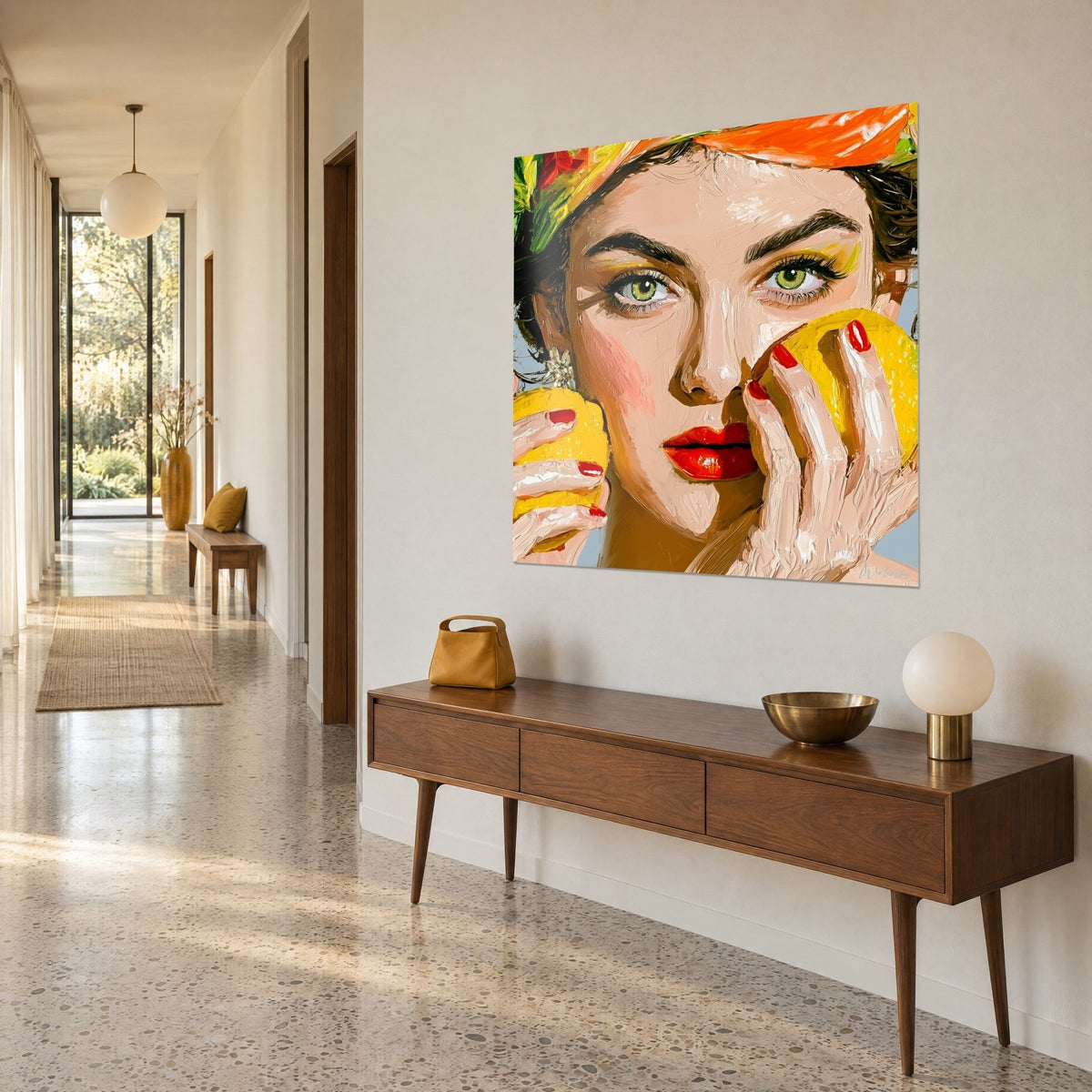 Tableau jeune femme au turban orange serrant un citron jaune, ongles rouges, vue de trois-quarts sur un couloir ensoleillé