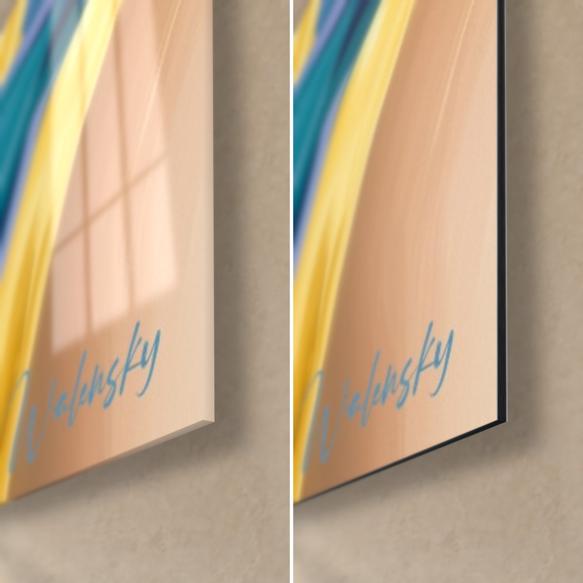 Wall art young woman in a yellow hat and blue scarf, bottom right corner, glossy glass on the left, matt Dibond on the right, black edge