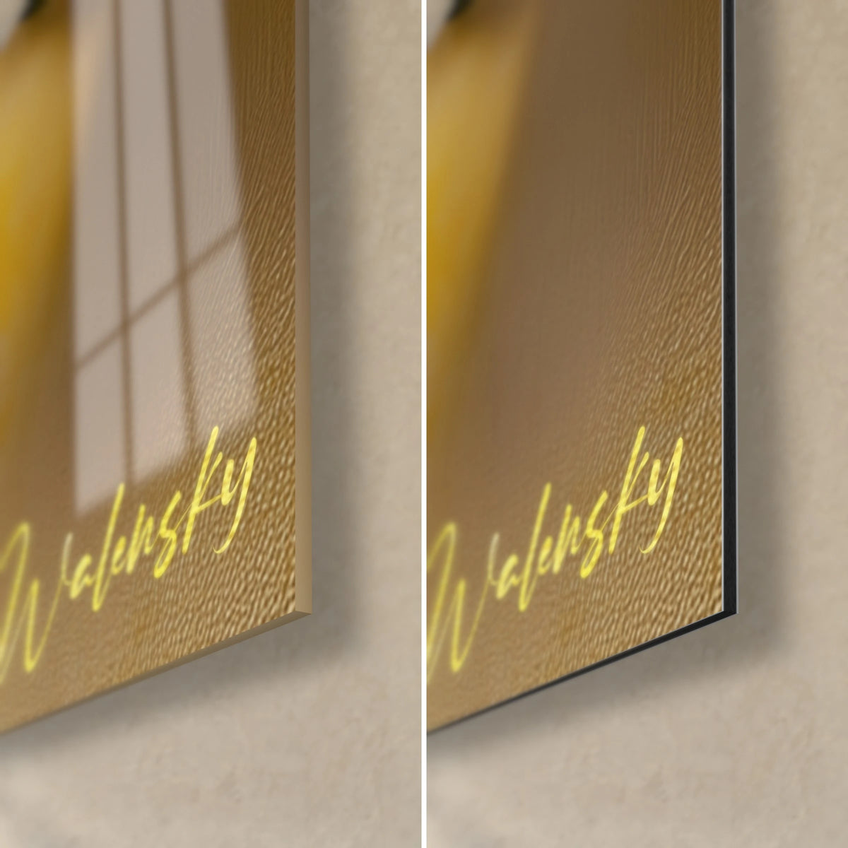 Tableau citrons en vue aérienne, coin bas droit : verre acrylique brillant à gauche, alu Dibond mat à droite, tranche noire de 3 mm