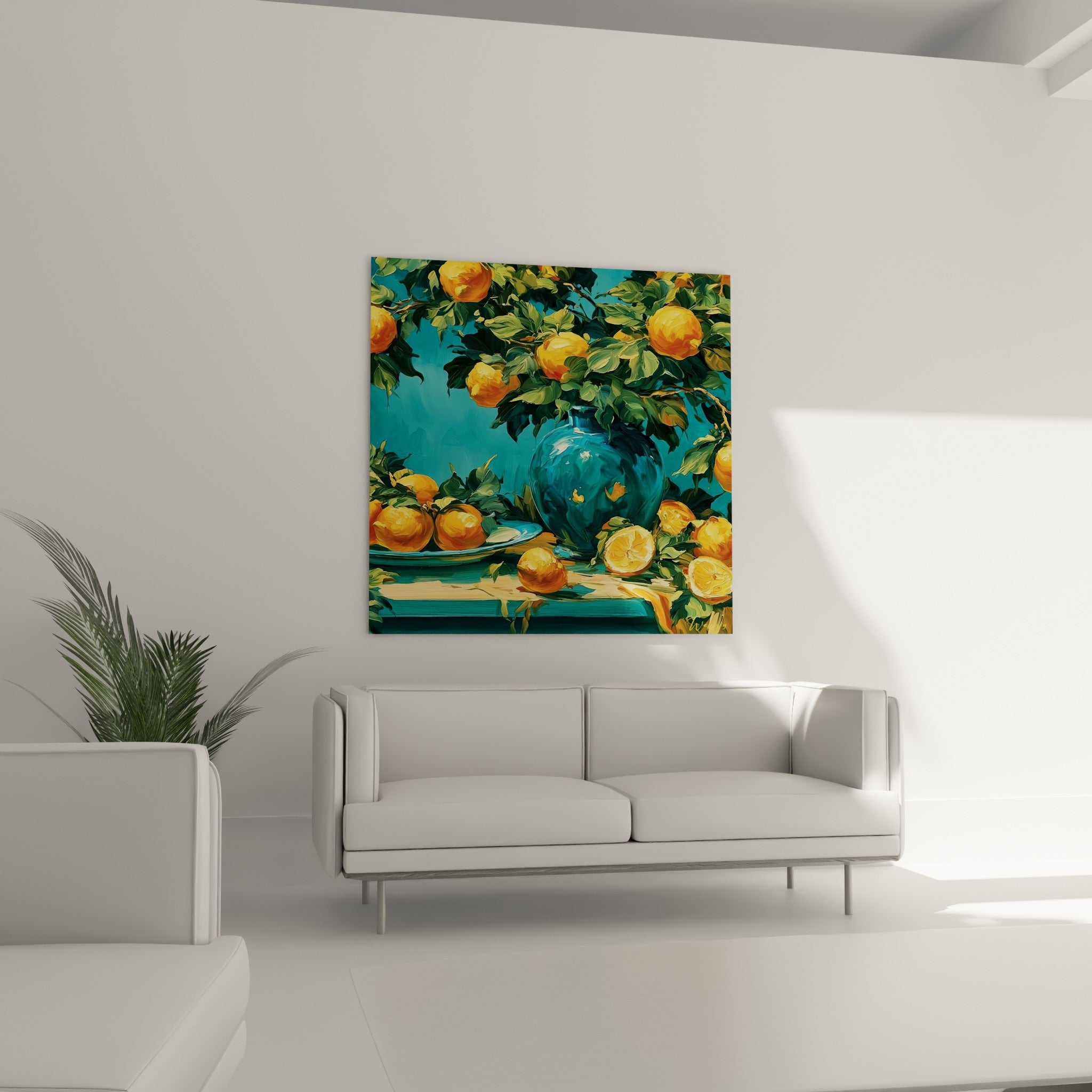 Nature morte de citrons ocre et vase turquoise, au-dessus d'un canapé dans un salon lumineux