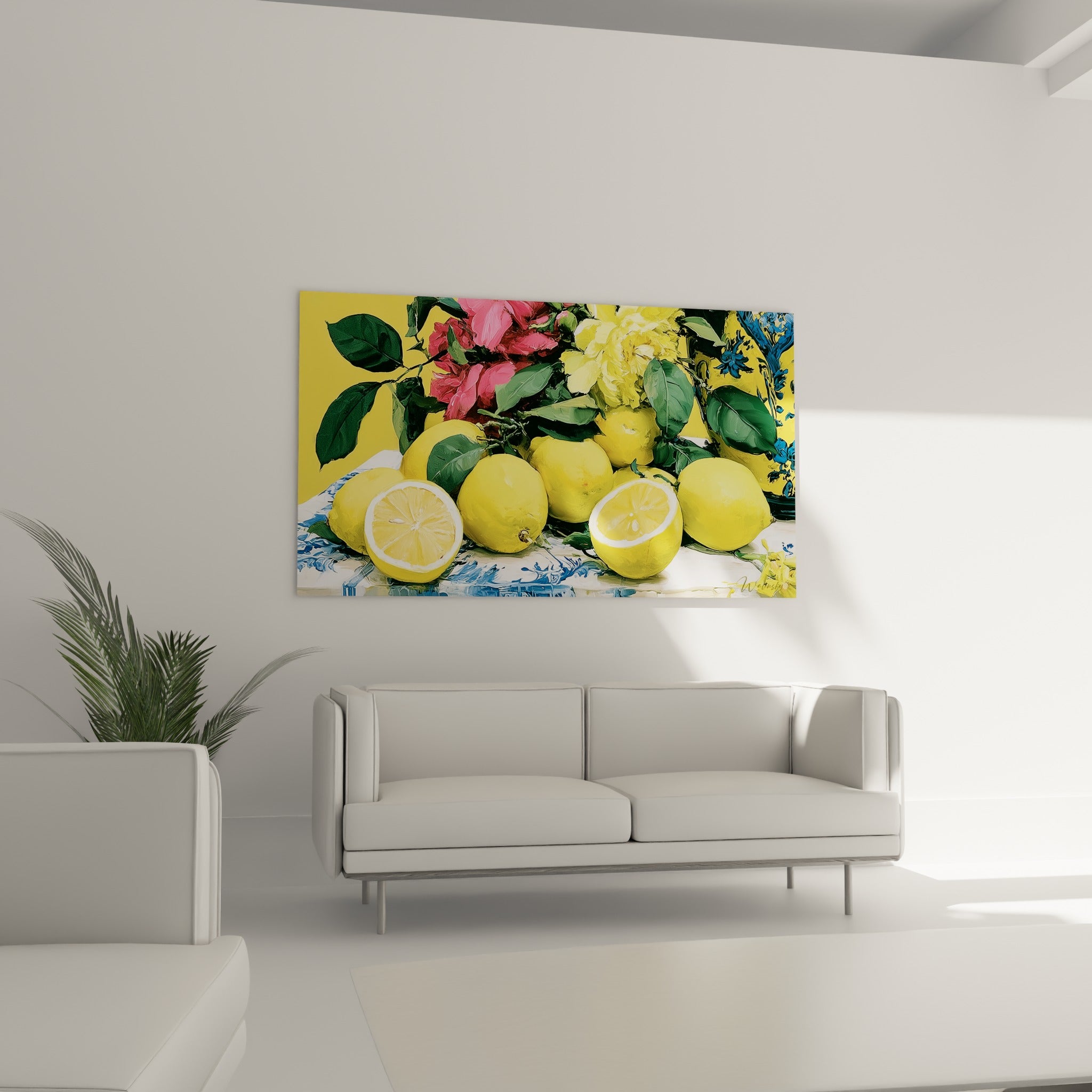 Composition de citrons juteux et bouquet rose au-dessus d'un canapé dans un salon lumineux