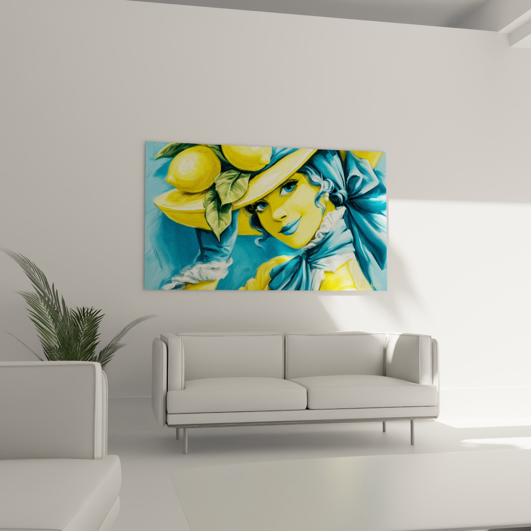 Élégante femme au nœud bleu profond et citrons jaunes, suspendue au-dessus d'un canapé dans un salon lumineux
