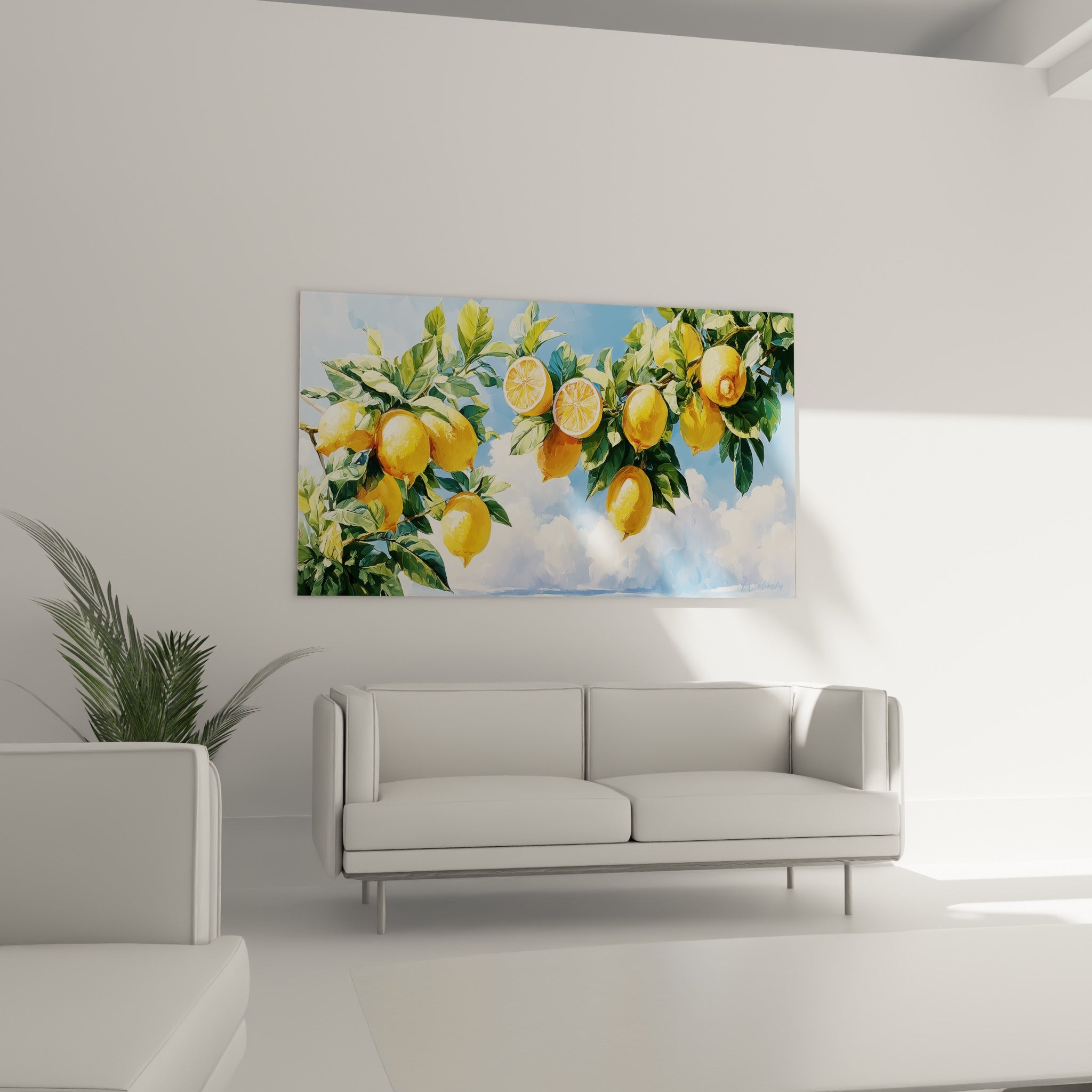 Fruits jaunes vifs et ciel bleu pastel accrochés au-dessus d'un canapé dans un salon lumineux