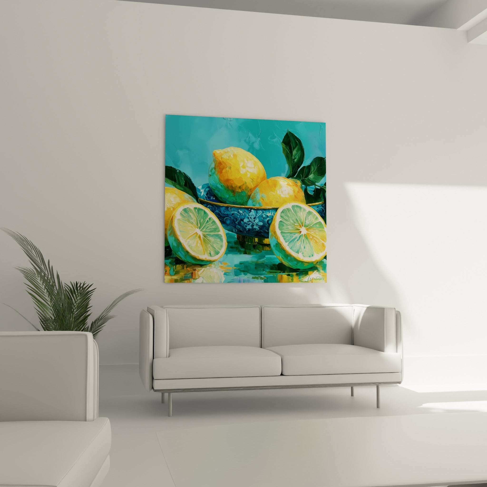 Bol de citrons bleu marine et jaune ocre accroché au-dessus d'un canapé dans un salon lumineux
