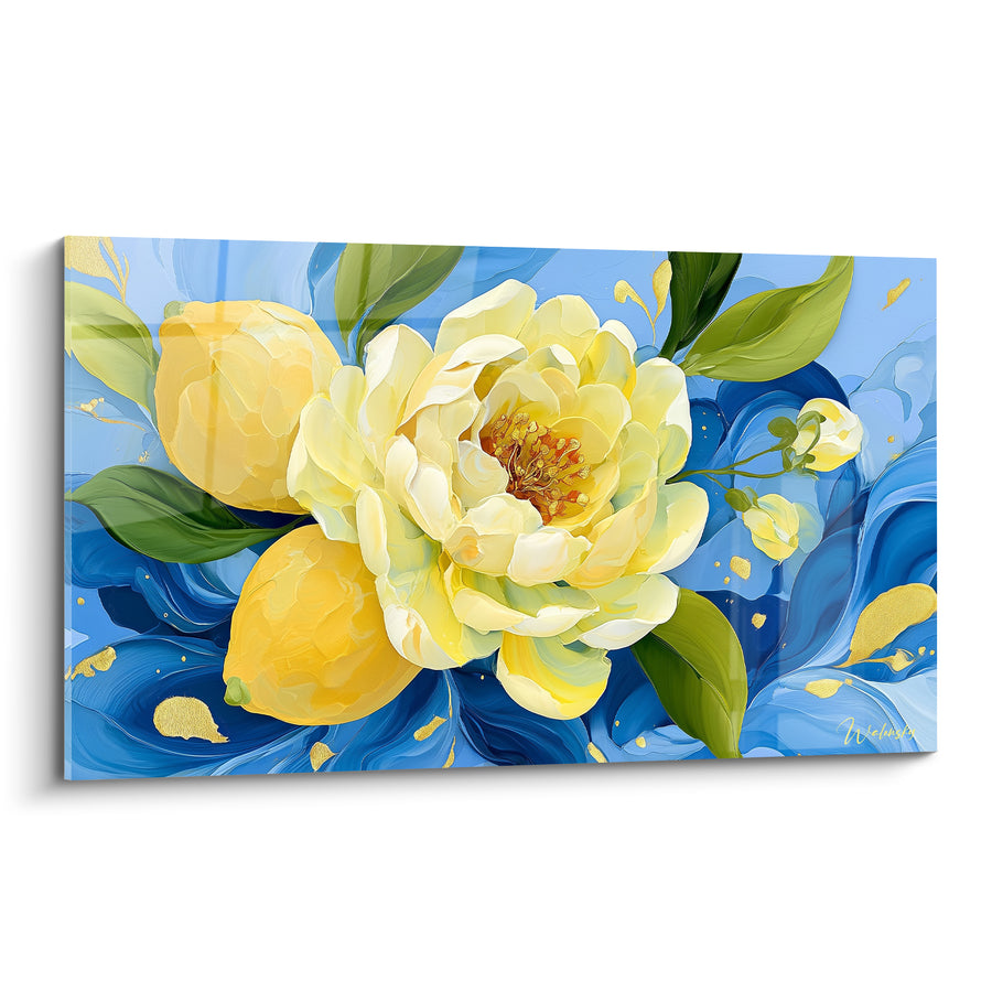 Tableau Pivoine jaune et bleu aux touches dorées - Boutons et pétales délicats - Edition Citron