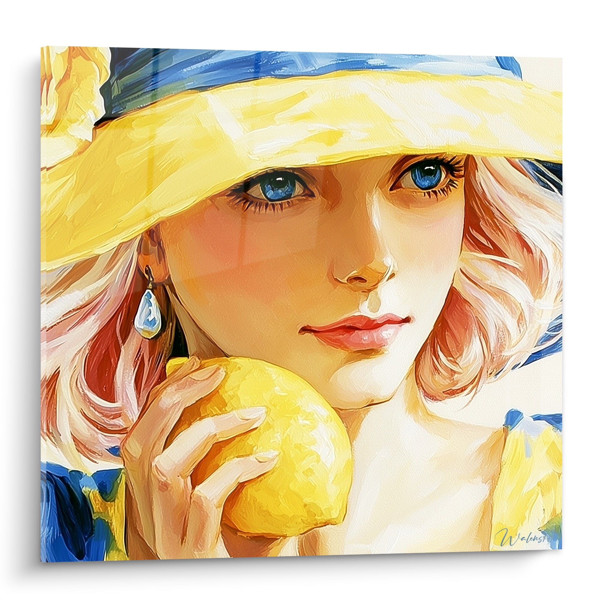 Portrait au chapeau jaune et bleu marine, yeux bleus intenses tenant un citron doré