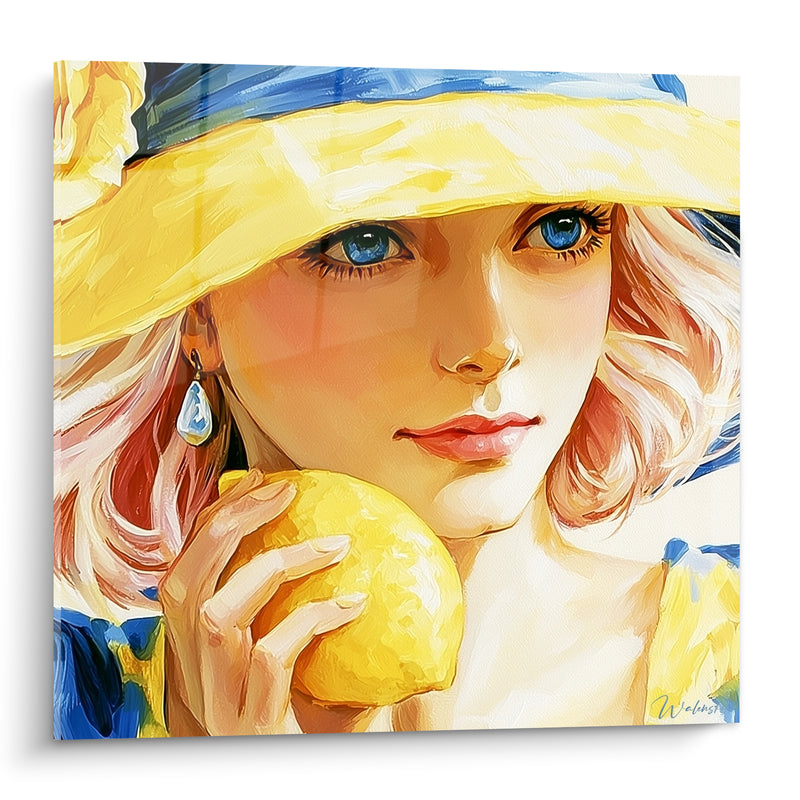 Tableau Portrait chapeau jaune et bleu citron - Douceur ensoleillée - Edition Citron