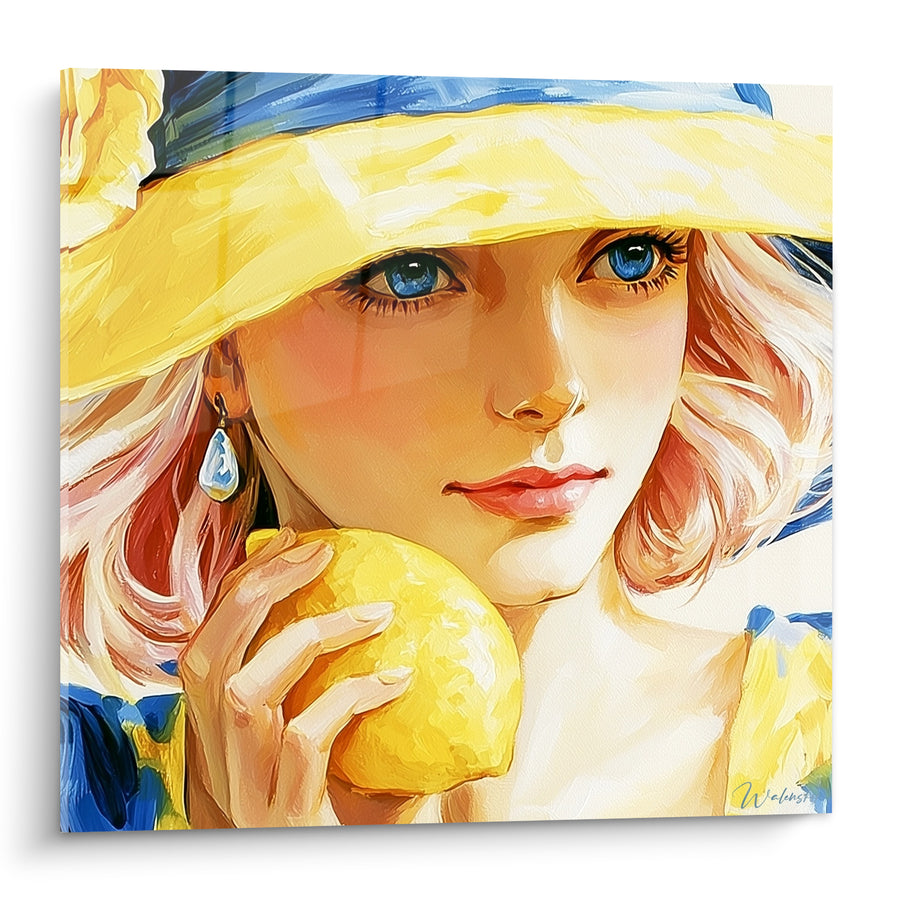 Tableau Portrait chapeau jaune et bleu citron - Douceur ensoleillée - Edition Citron