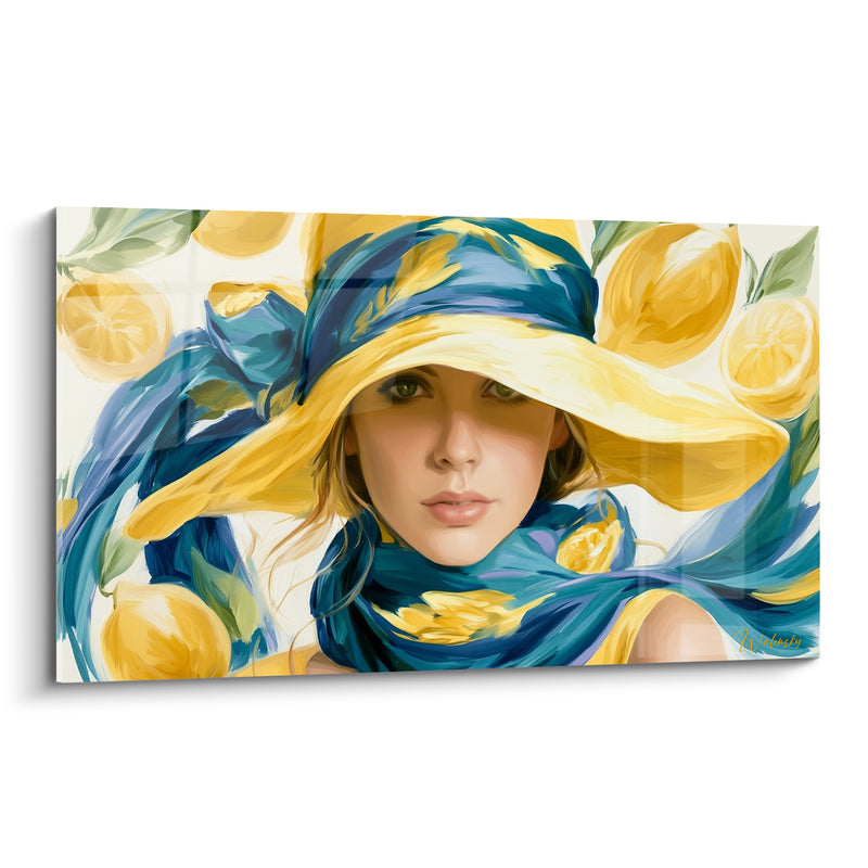 Tableau Portrait féminin au chapeau jaune et bleu - Brise méditerranéenne - Edition Citron