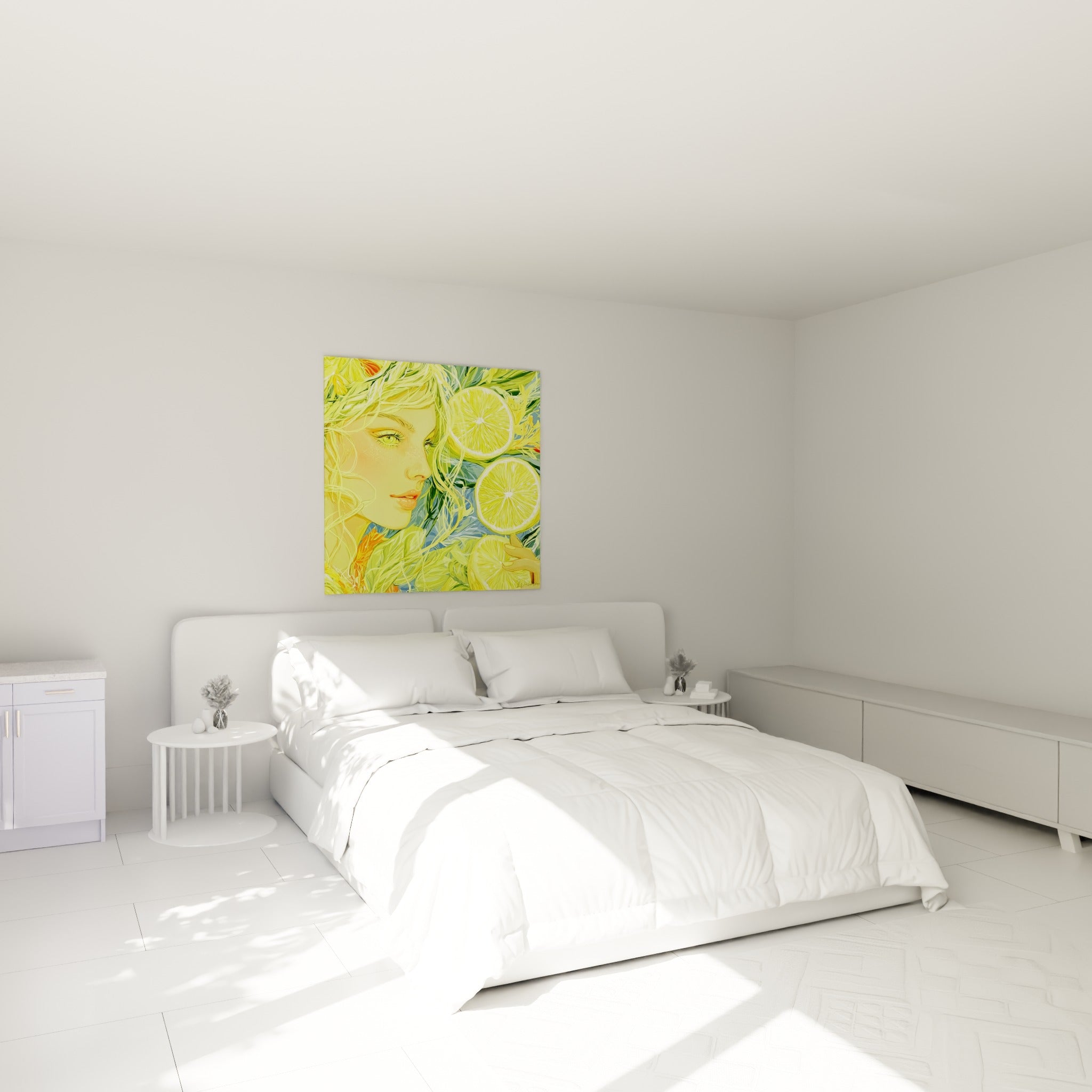 Portrait citron jaune et vert accroché au-dessus d'un lit dans une chambre claire