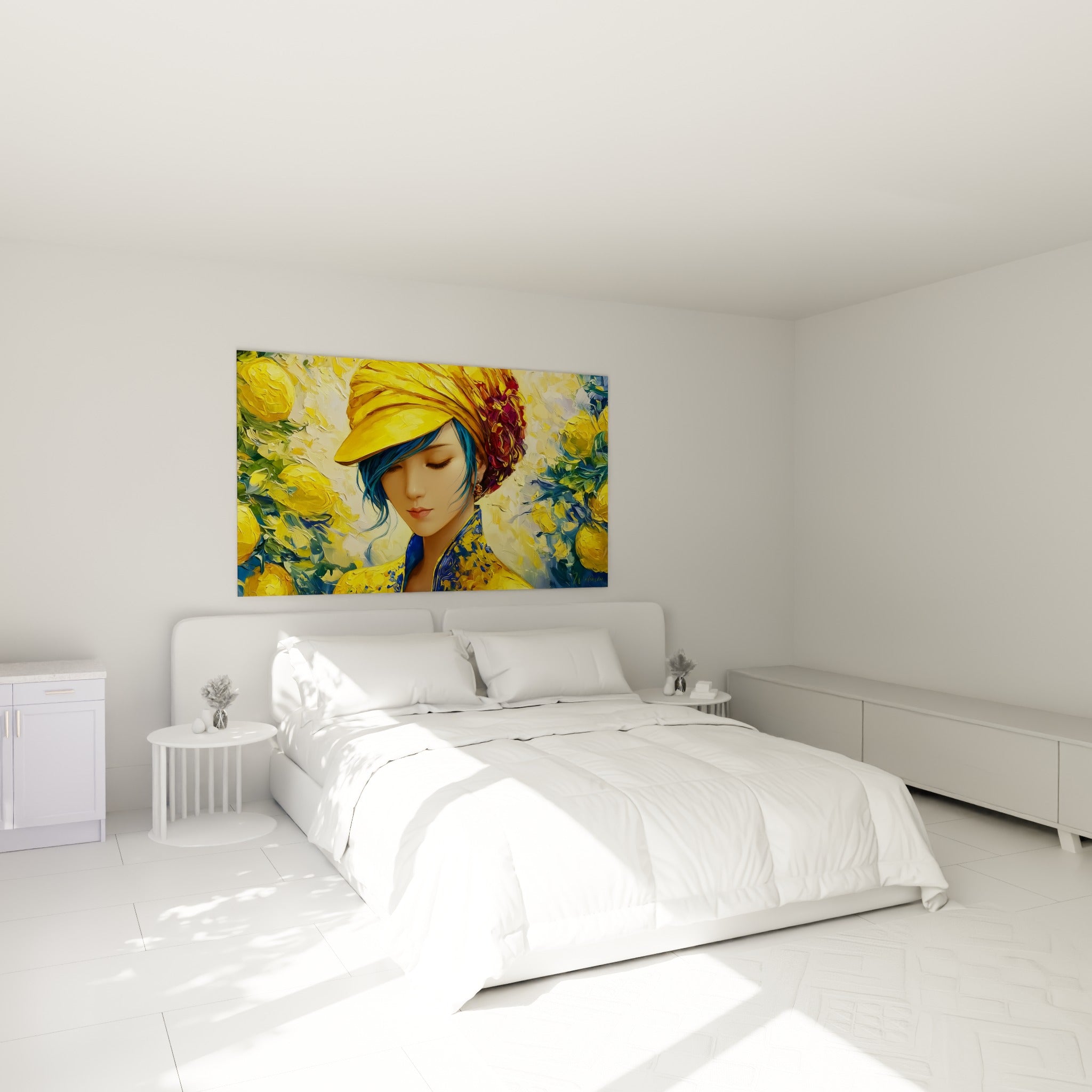 Portrait féminin au turban doré et mèches bleues accroché au-dessus d'un lit dans une chambre claire