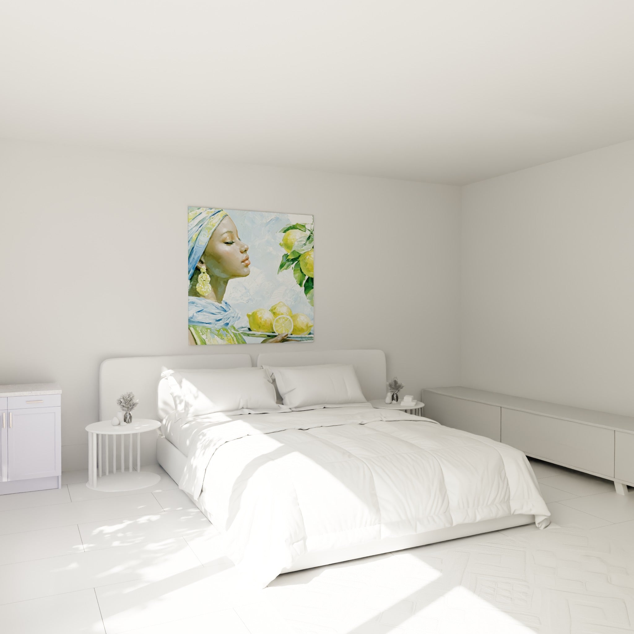 Portrait d'une femme au turban bleu et citrons jaunes, accroché au-dessus d'un lit dans une chambre claire