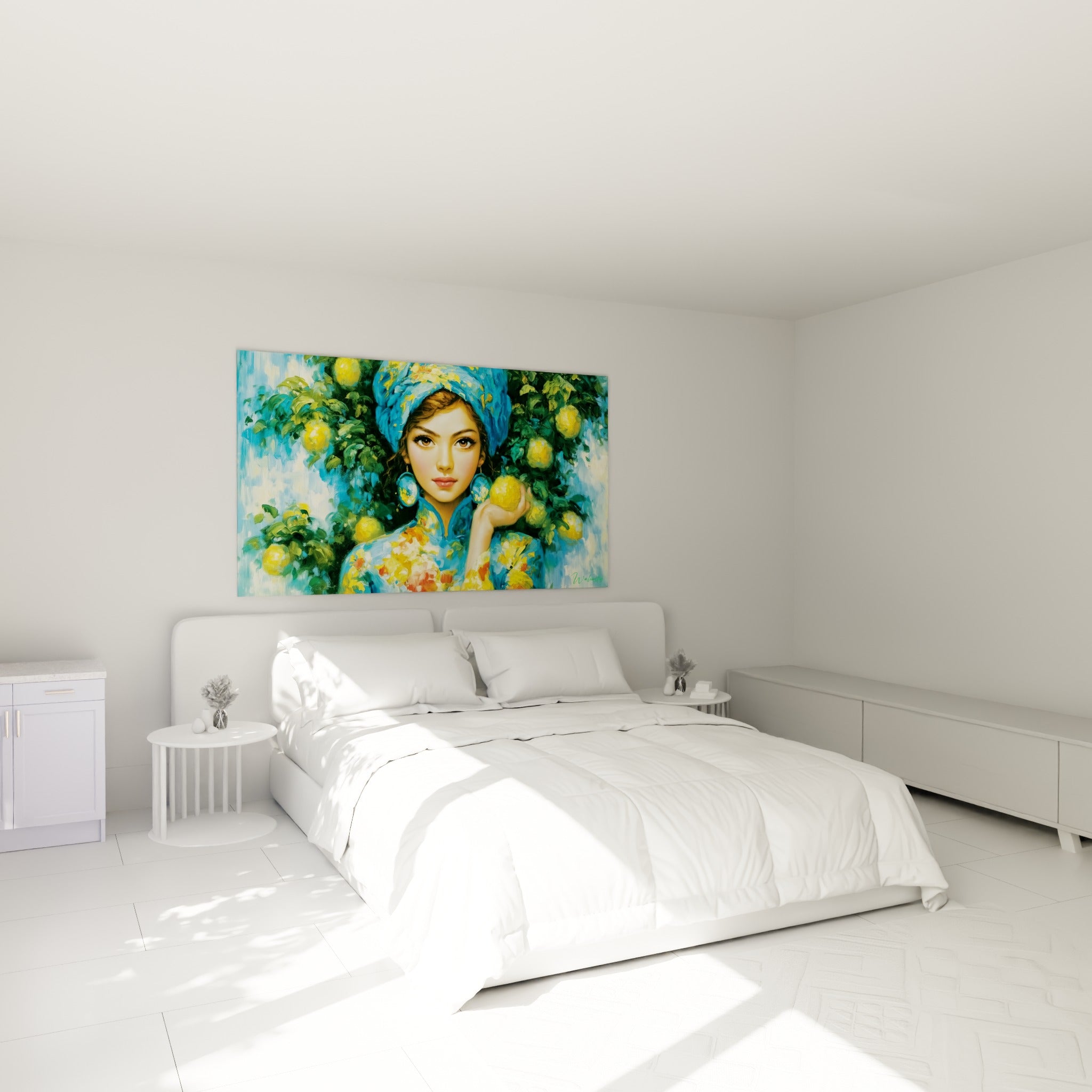 Portrait féminin en turban turquoise entouré de citrons jaunes, accroché au-dessus d'un lit dans une chambre claire