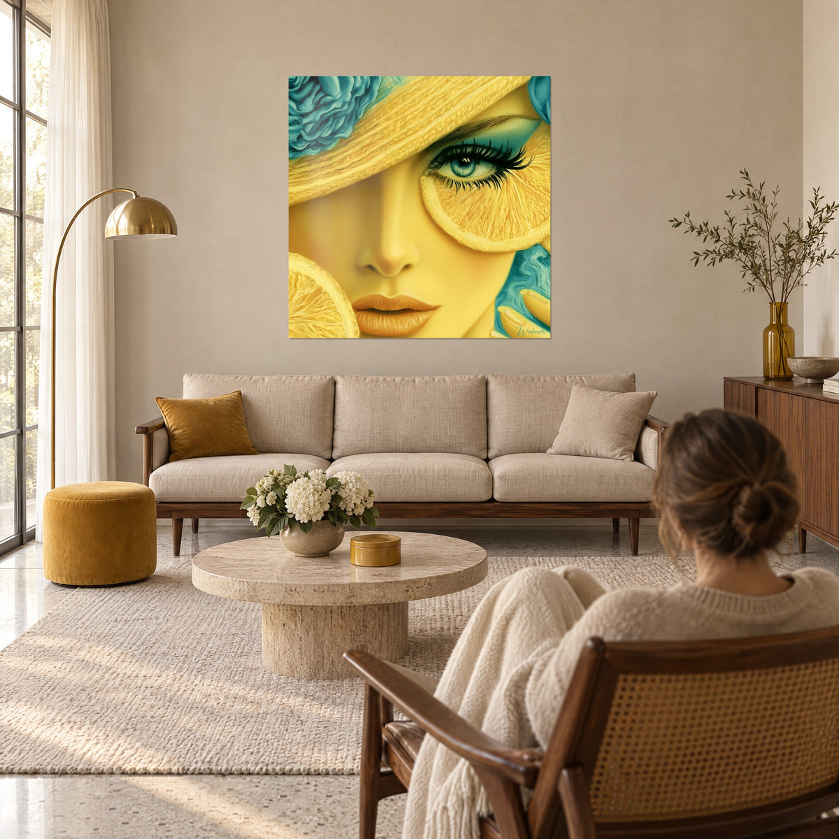 Tableau visage solaire sous chapeau de paille, œil turquoise cerné d'une tranche de citron, au-dessus d'un canapé dans un salon lumineux
