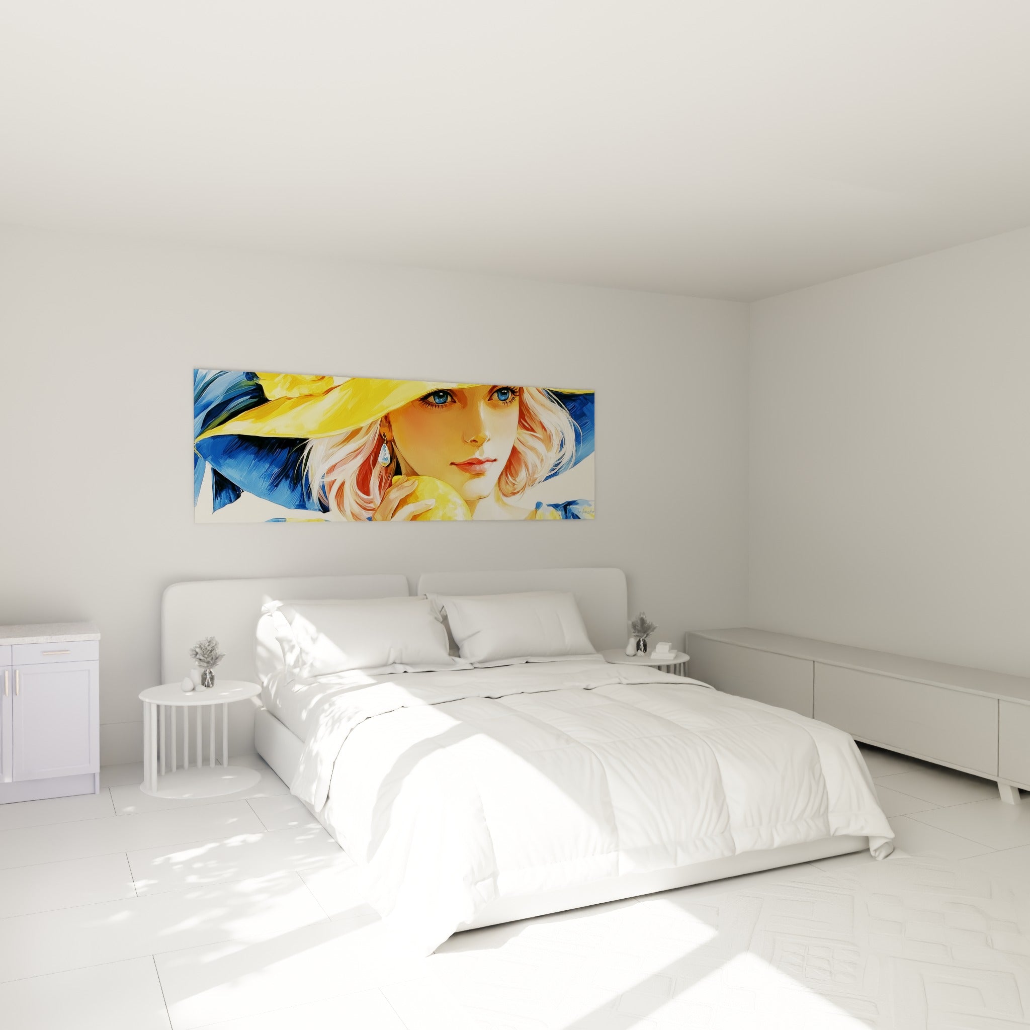 Portrait féminin aux teintes jaune et bleu marine avec citron, au-dessus d'un lit dans une chambre claire