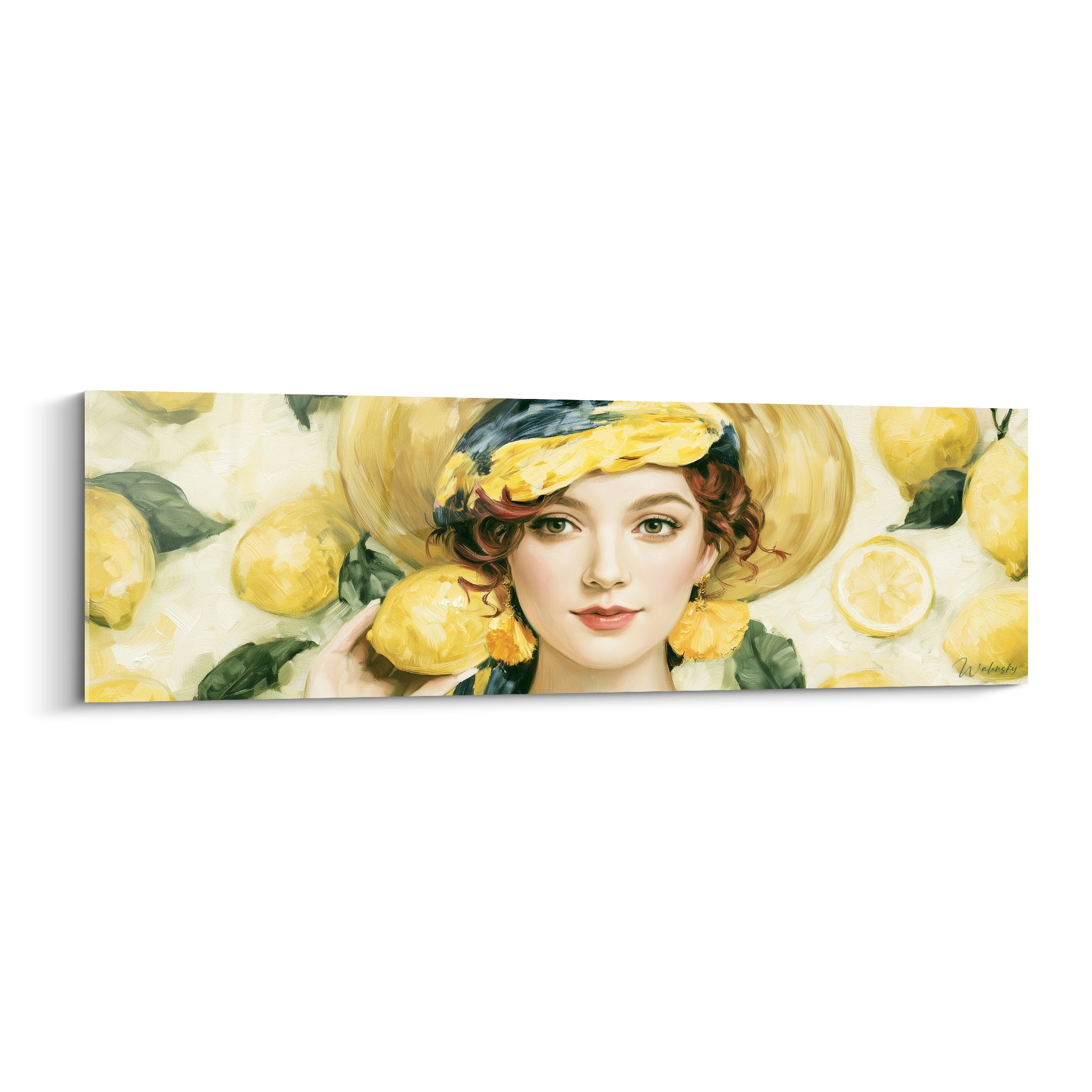 Portrait de femme au chapeau jaune entourée de citrons dorés et feuillage vert