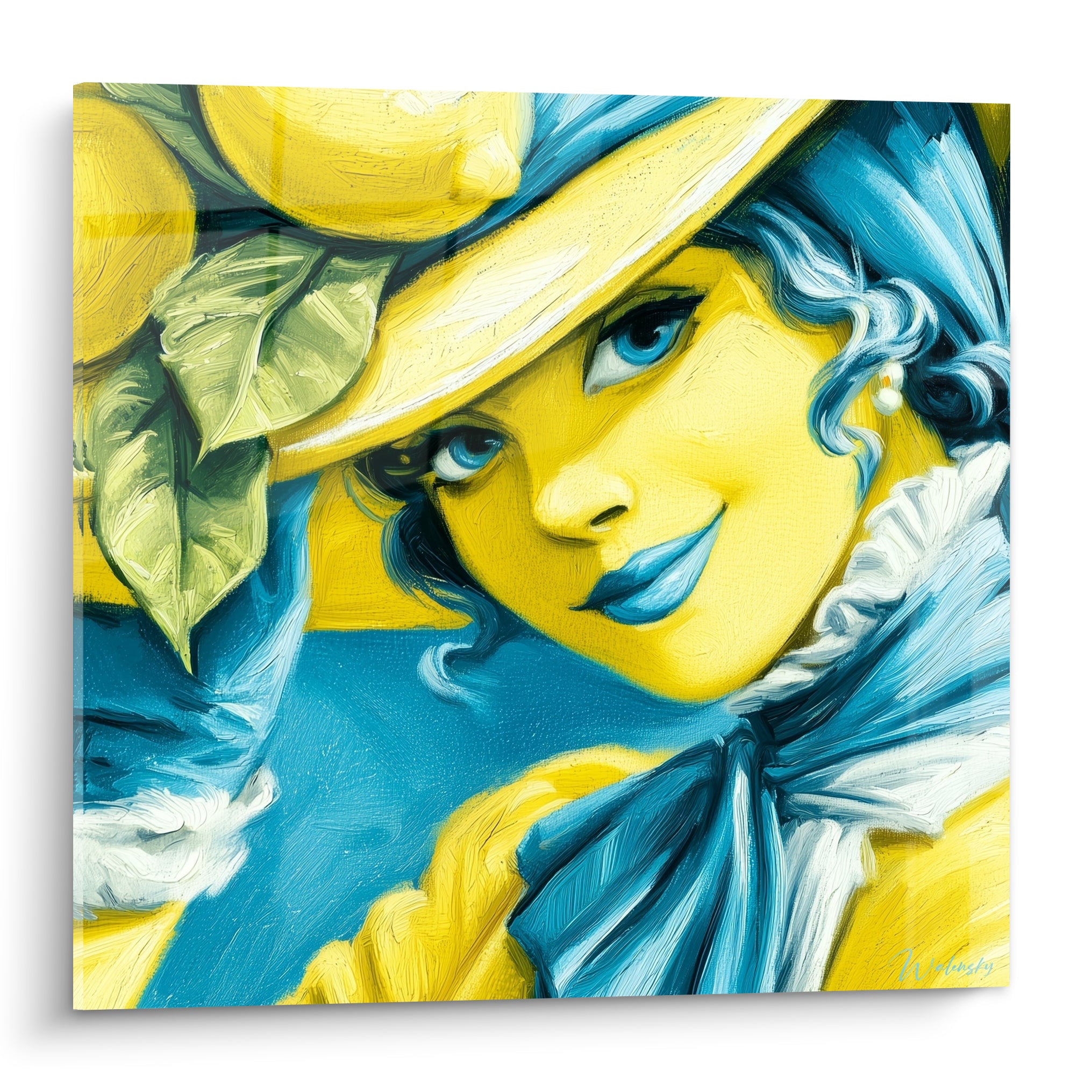 Femme au chapeau jaune et citrons, portrait peint en bleu turquoise et jaune vif