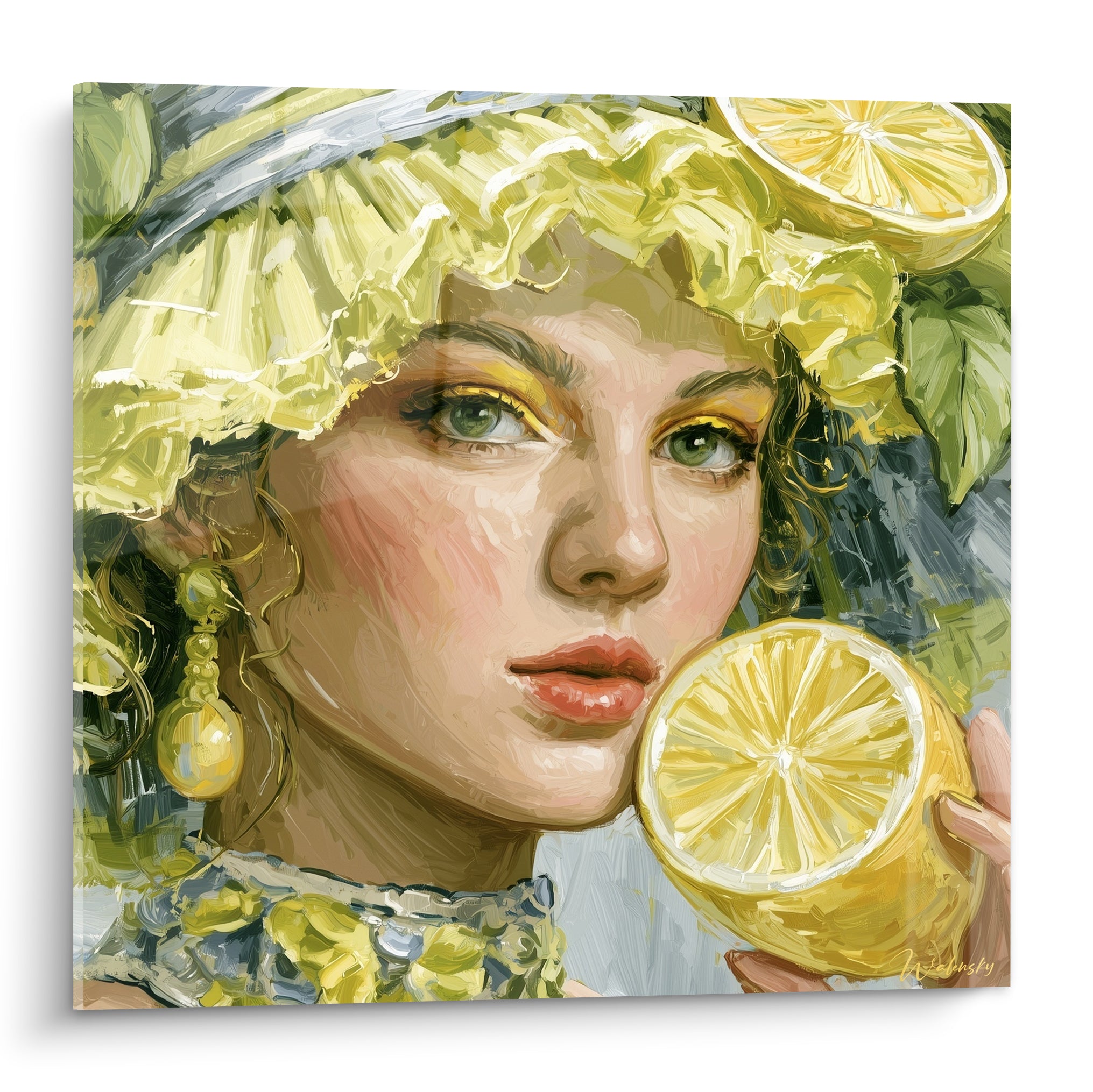 Portrait de femme au regard vert, couronne jaune citron et tranches d'agrumes dorées
