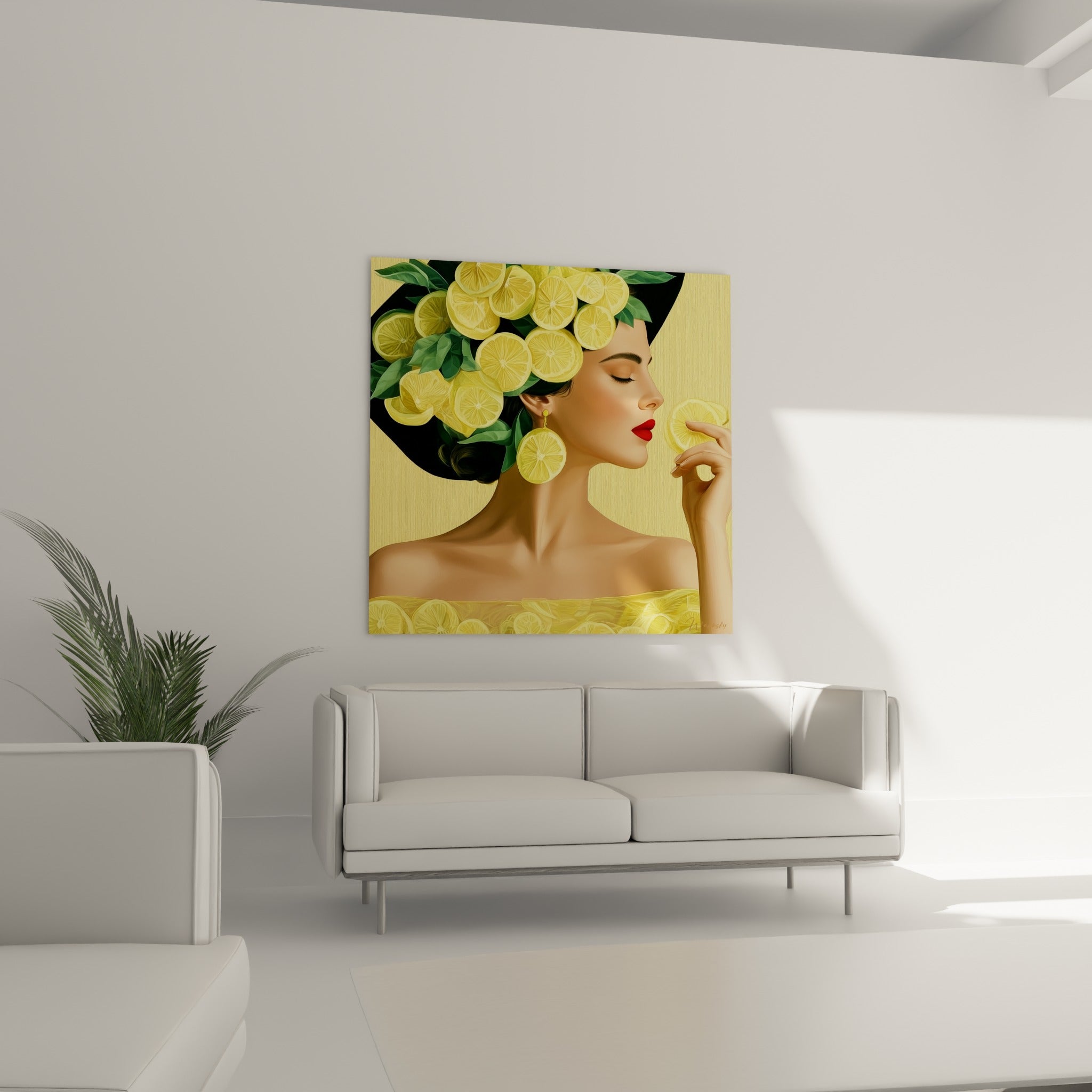 Tranches de citron jaune et feuilles vertes coiffant une femme au teint doré, au-dessus d'un canapé dans un salon lumineux
