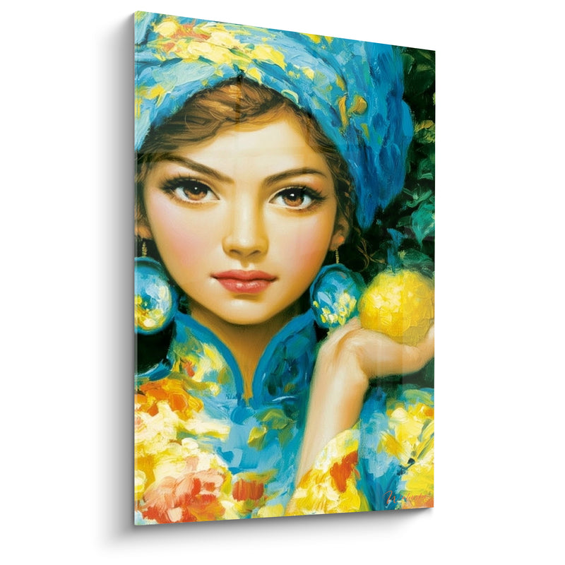 Tableau Portrait femme bleu et jaune aux boucles d'oreilles rondes - Robe fleurie orientale - Edition Citron
