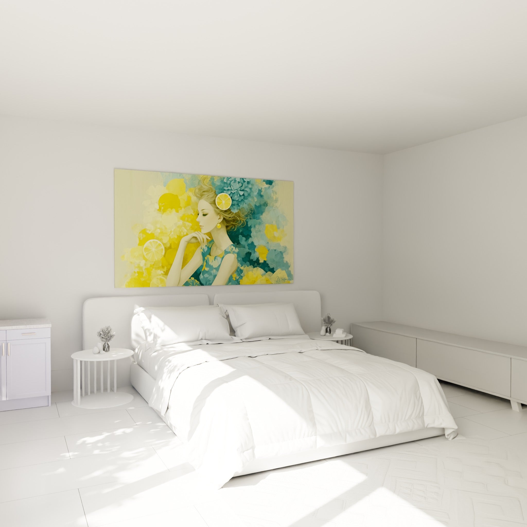 Portrait féminin aux couleurs jaune et bleu pétrole accroché au-dessus d'un lit dans une chambre claire