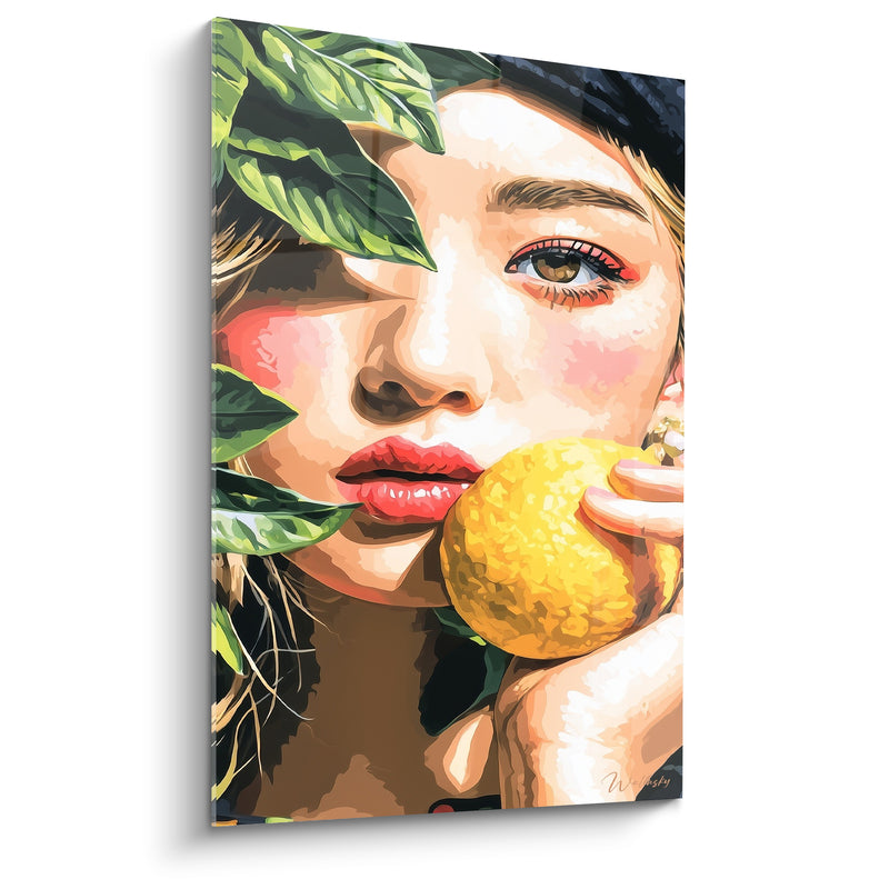 Tableau Portrait féminin jaune et vert au citron - Douceur acidulée - Edition Citron