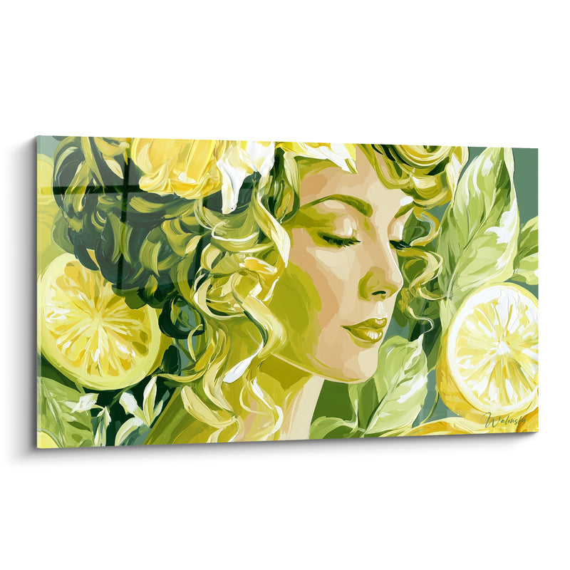 Tableau Portrait féminin jaune et vert citron - Rêverie estivale - Edition Citron
