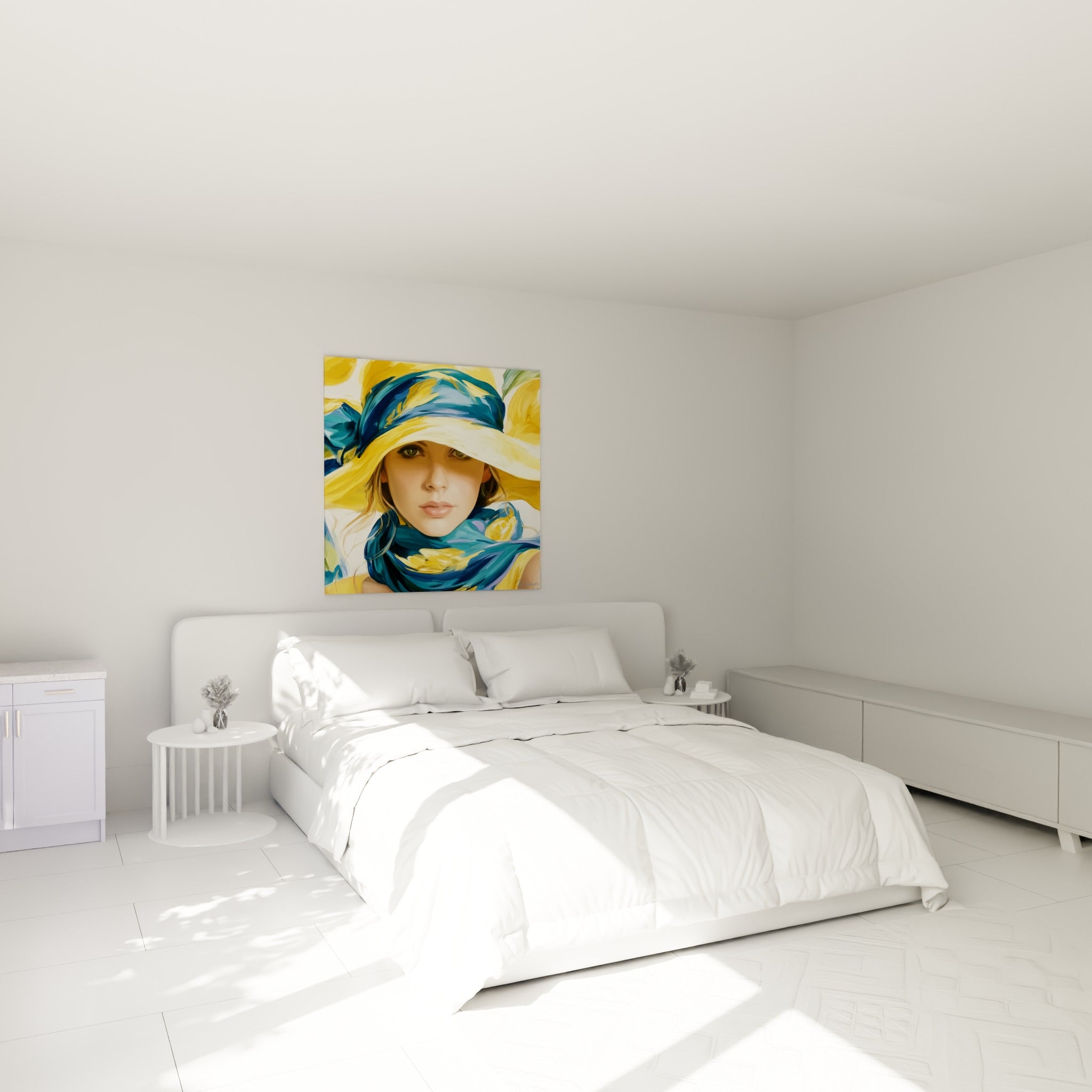 Regard vert intense d'une femme voilée de jaune et bleu au-dessus d'un lit dans une chambre claire