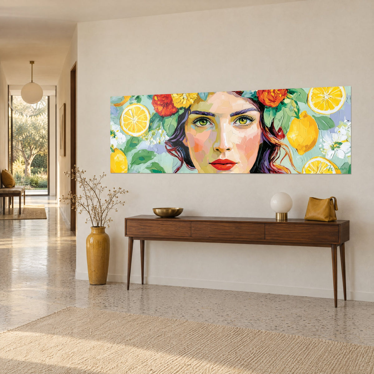 Tableau visage de femme peint au couteau, regard vert, rouge à lèvres écarlate, agrumes dorés sur fond menthe, en vue de trois-quarts sur console