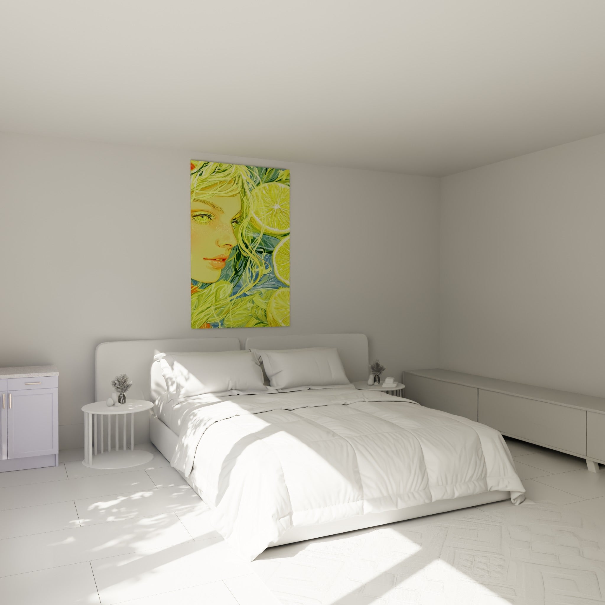 Portrait aux tons jaune citron et vert bleuté, accroché au-dessus d'un lit dans une chambre claire