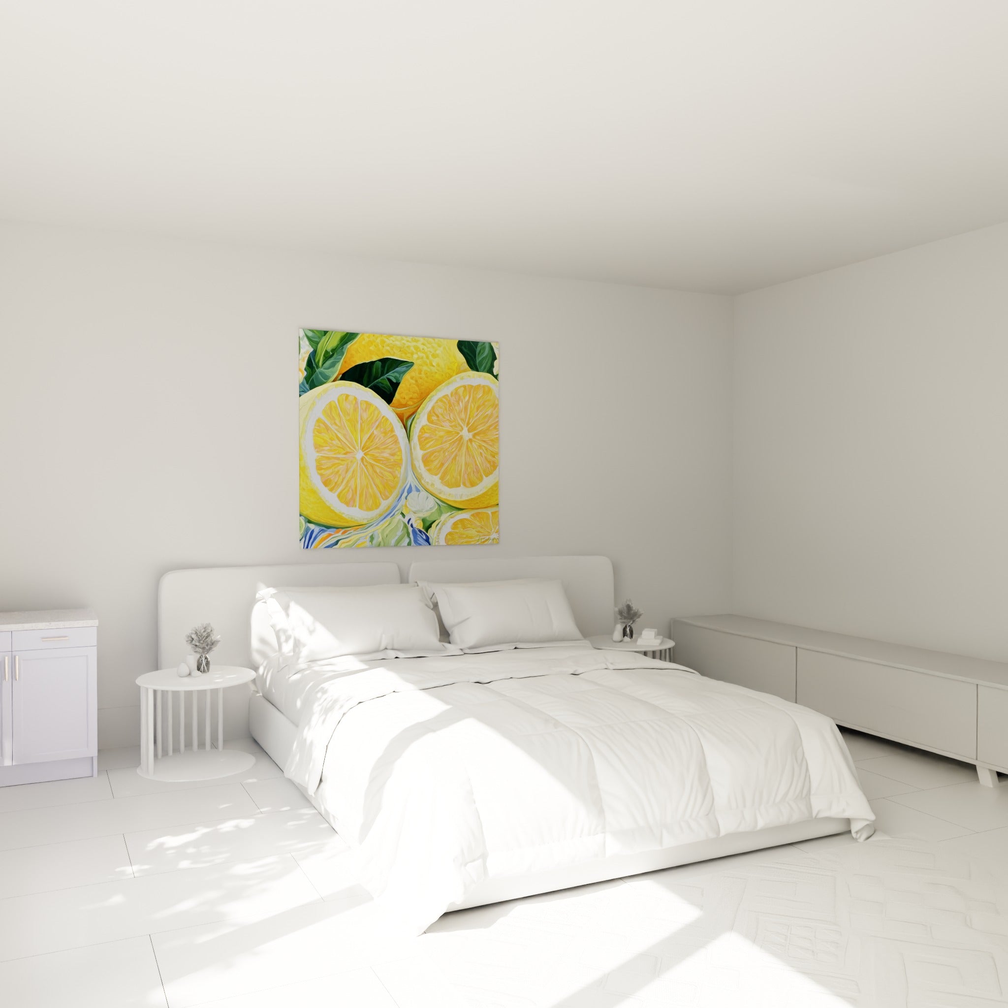 Fruits juteux jaune et orangé peints en relief, au-dessus d'un lit dans une chambre claire