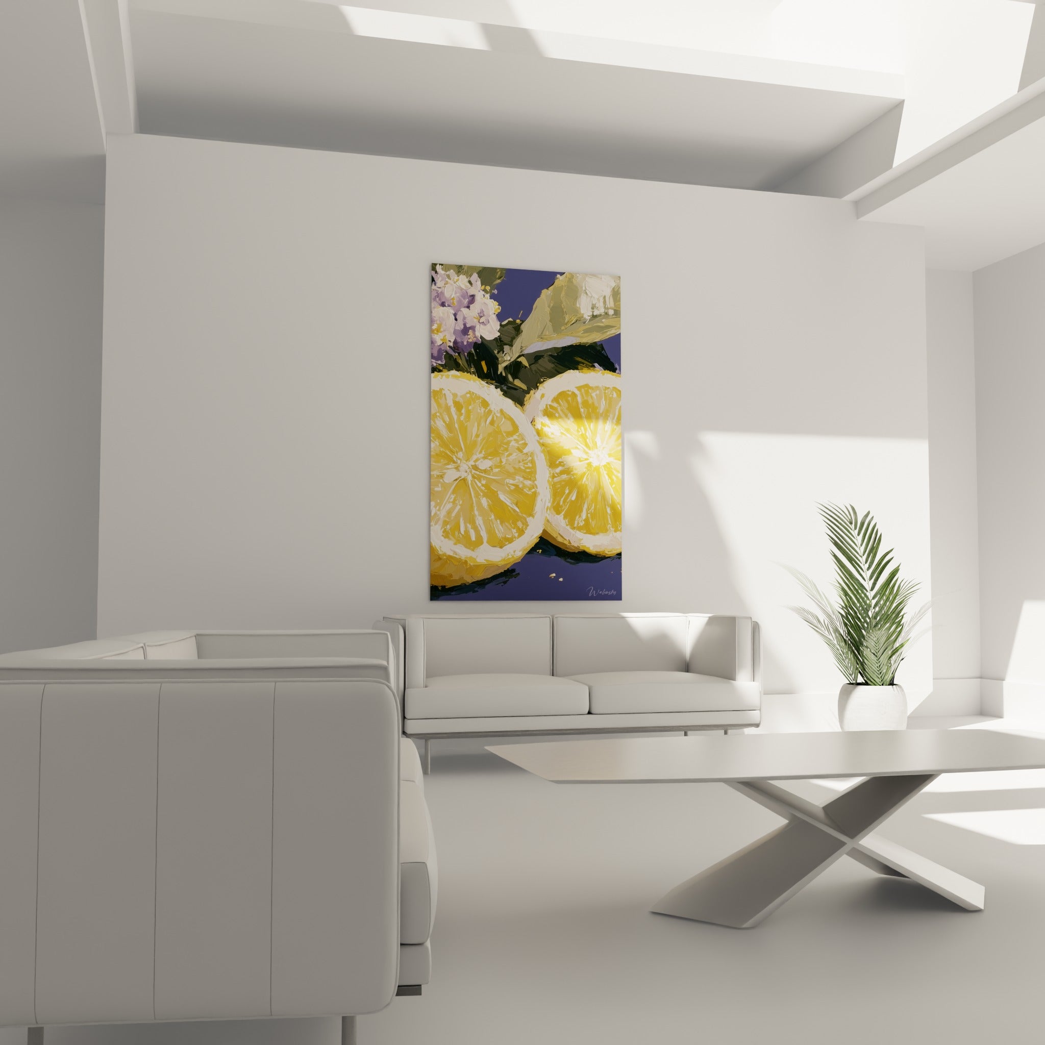 Quartiers de citron dorés et feuillage vert olive, au-dessus d'un canapé dans un salon lumineux