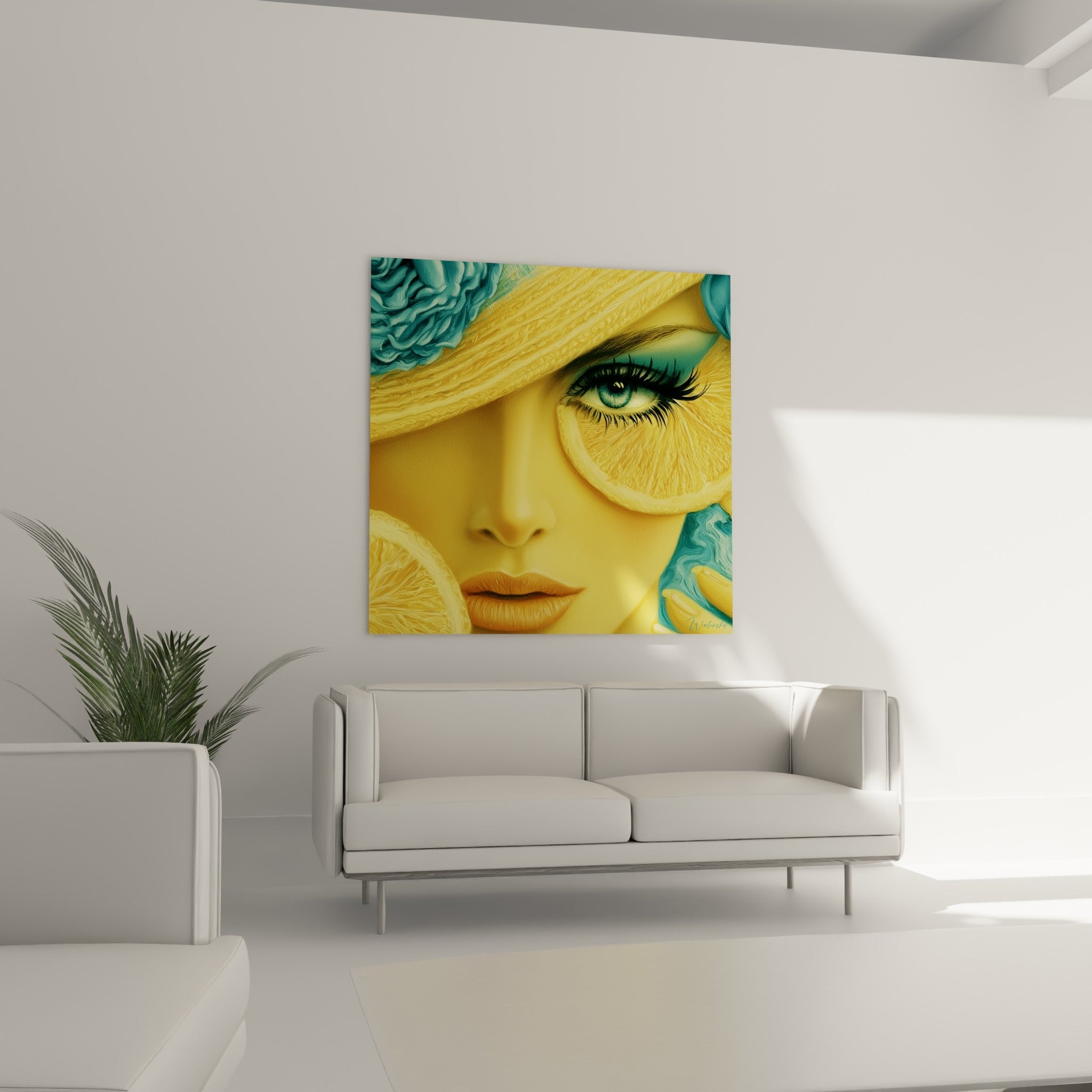 Femme citron jaune et turquoise aux lèvres orangées, suspendue au-dessus d'un canapé dans un salon lumineux