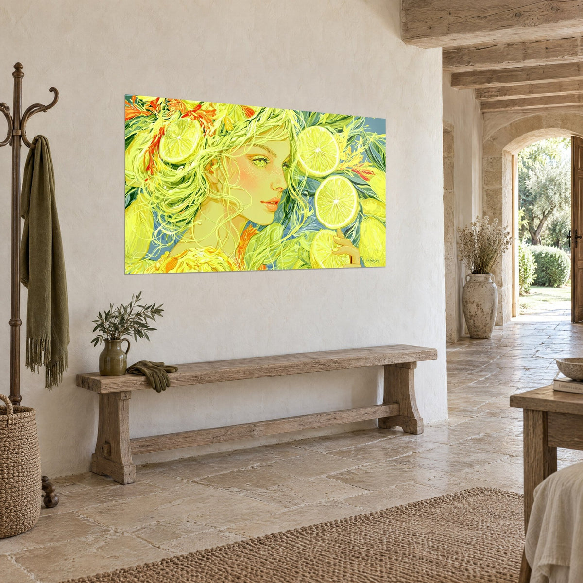 Tableau muse des agrumes, mèches chartreuse et fleurs orange parmi les citrons coupés, sur un mur de pierre au-dessus d'un banc rustique